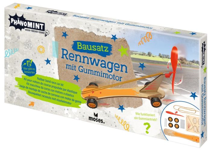 Bausatz Rennwagen mit Gummimotor // PhänoMINT Entdeckerspielzeug Moses Verlag