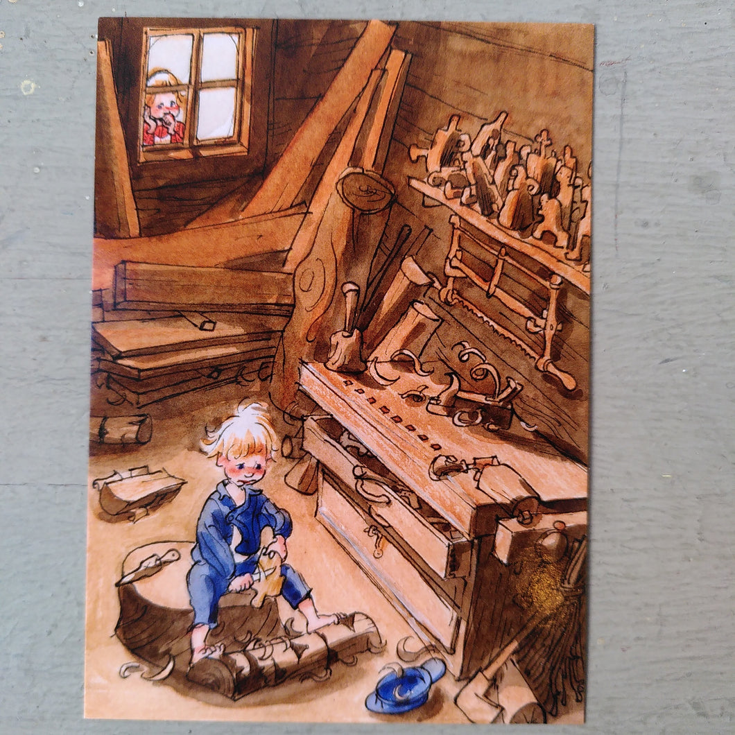 Postkarte Michel im Tischlerschuppen // Michel aus Lönneberga